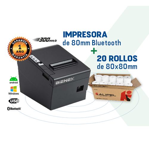 Impresora ticketera termica BLUETOOTH USB + 20 Papel Termico 80mm