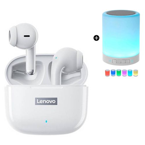 Audífonos Bluetooth Lenovo LP40 PRO Blanco + Lampara Parlante multicolor de regalo