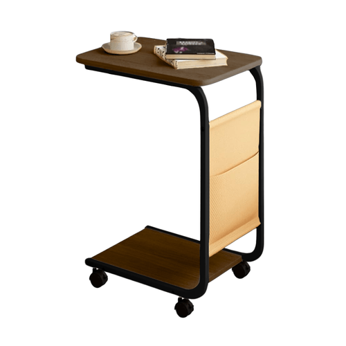 Mesa Auxiliar Tipo C para Sofá con Bolsillo Organizador y Ruedas Madera Oscura