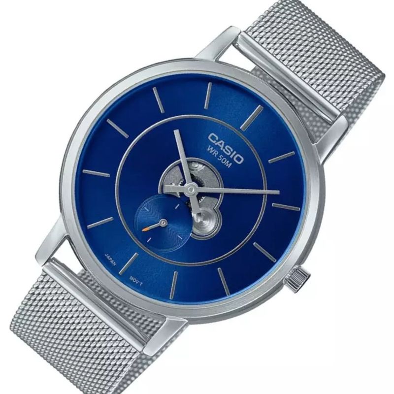 Reloj-Analogo-Casio-Original-Regular-MTP-B130M-2A-Hombre-Acero-Plateado-y-Azul