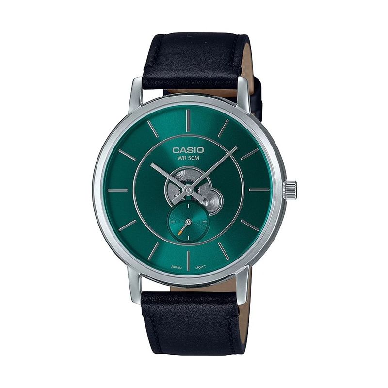 Reloj-Analogo-Casio-Original-Regular-MTP-B130L-3A-Hombre-Acero-Verde-Cuero-Negro