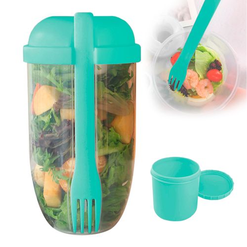 Vaso Mezclador Porta Ensaladas Frutas Cereales Yogurt con Tenedor Turquesa