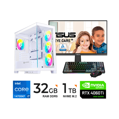 PC INTEL I7-14700KF/ 32GB DDR5/ 1TB SSD / VIDEO RTX 4060TI-8GB DDR6/ FUENTE 750W / MONITOR 27''FHD/