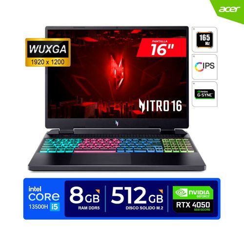 LAPTOP ACER NITRO 16/ 16'' WUXGA, IPS, 165Hz/ Core i5 13500H, 4.7GHz/ 8GB DDR5/ 512GB/ RTX 4050 6GB/