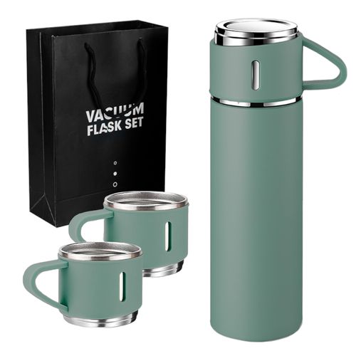 Set de 3 Piezas Termo 500ml con Tazas de Acero Verde