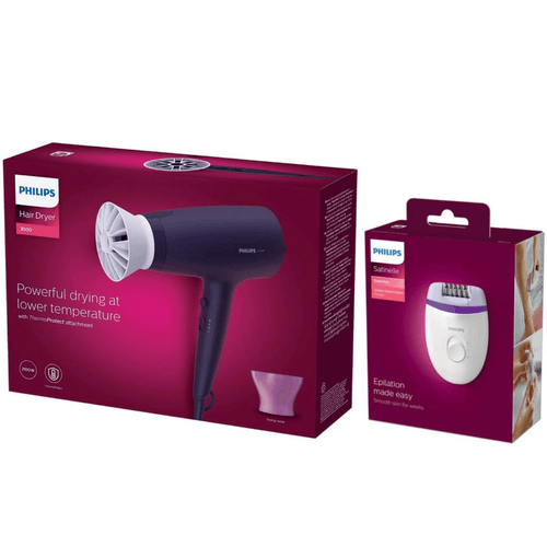 COMBO PHILIPS SECADORA DE CABELLO 2100 W + 2 ACC BHD340 Y DEPILADORA BRE225 DE 2 VELOCIDADES