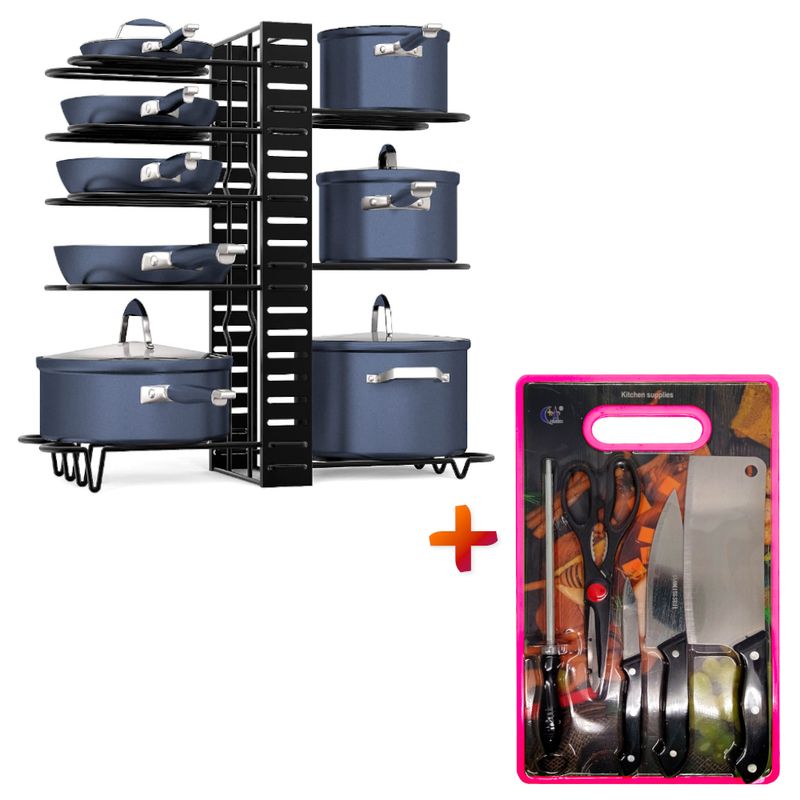 Organizador-de-Ollas-8-Niveles-Ajustable-Y-Set-de-Cuchillos-Tabla-de-Picar-FC