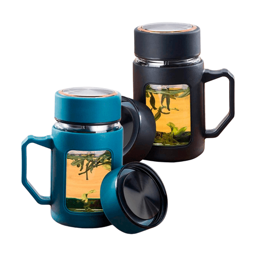 Set de 2 Tazas de Vidrio con Tapa Rosca y Asa Doble Capa 500 ml