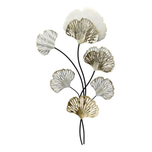 Escultura Metal Flores Dorado Y Blanco 85 Cm