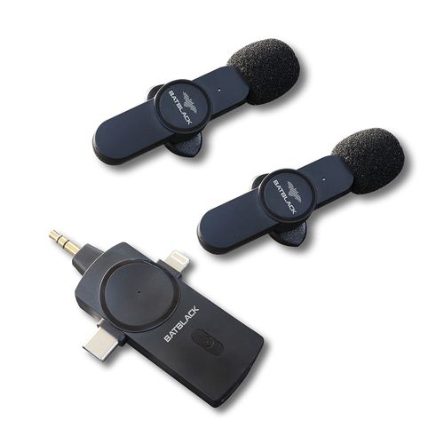 Micrófono Inalámbrico Lavalier BatBlack, 2 Micrófonos, Estuche Recargable, Conectores Tipo C/Lightning/3.5mm, negro