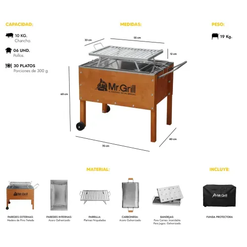 Caja China Mediana Jr Nogal Acero Mixto con Parrilla de Varillas