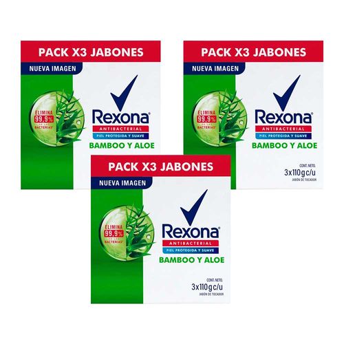 Pack Jabón Tocador REXONA Antibacterial Bamboo y Aloe 110g x 9un