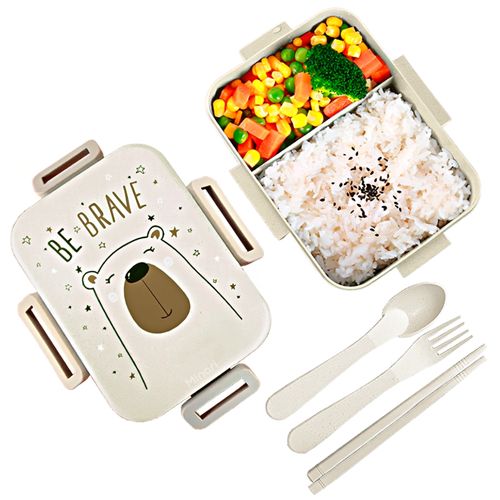 Lonchera Bento Táper de Comida 2 Divisiones + Cubiertos Crema 44T