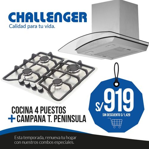 COMBO COCINA 4 PUESTOS SD 6140+CAMPANA T. PENINSULA 60CM. CX4662 ACERO