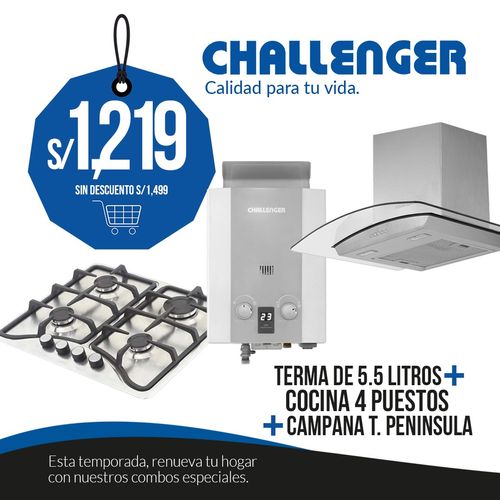 COMBO COCINA 4 PUESTOS SD 6140+CAMPANA T. PENINSULA 60CM. CX4662 ACERO+TERMA DE 5.5 LITROS BAJA PRES