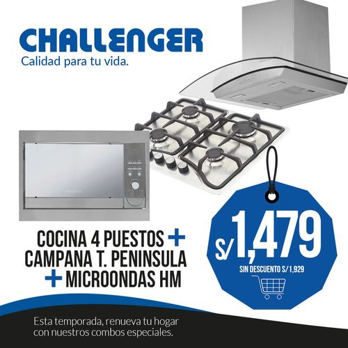 COMBO: COCINA 4 PUESTOS SD 6140+CAMPANA T. PENINSULA 60CM. CX4662 ACERO +MICROONDAS HM:8021