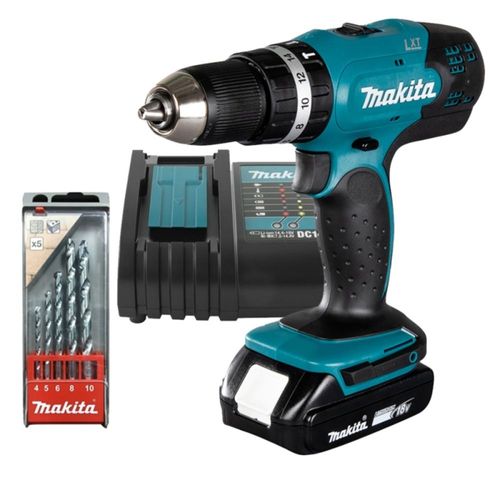 Taladro Percutor 1/2" 18V LXT DHP453X10 + Set de Brocas para Concreto 5 pzs. D-41040 Makita