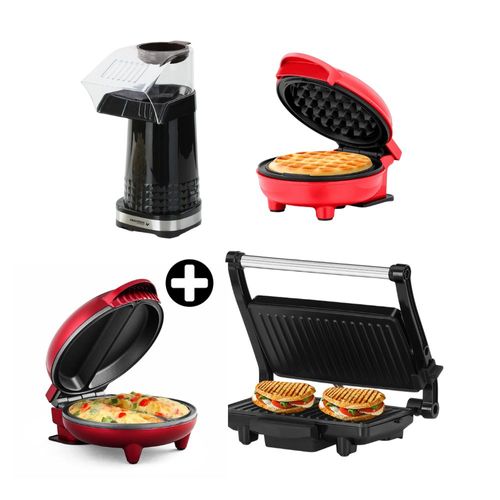 COMBO Holstein: Panini Grill 2P Inoxidable + Waflera Personal 10cm Roja + Máquina de Omelettes de 2P Rojo + Maquina de Pop Corn