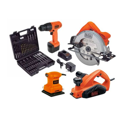 Atornillador + Set 50 Piezas + Sierra Circular + Lijadora + Cepillo Black&Decker