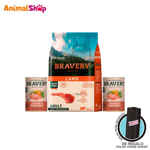 Comida De Perro Adulto Bravery  Cordero 12 Kg + 2 Lta 290 Gr