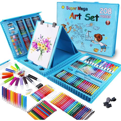 Mega Set de arte y Dibujo 208 Pzs para Niños Celeste Verde