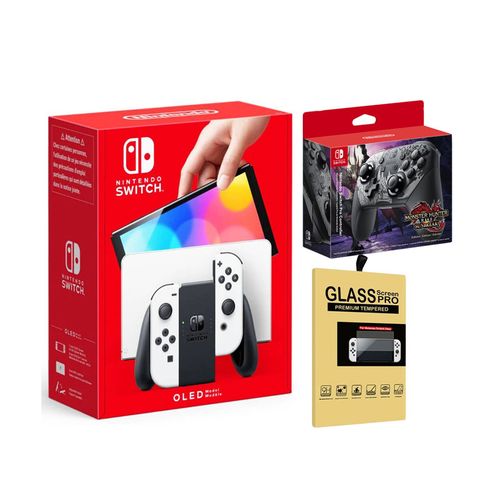 Consola Nintendo Switch Oled Blanca + Mando Pro Controller Monster Hunter Rise + Mica