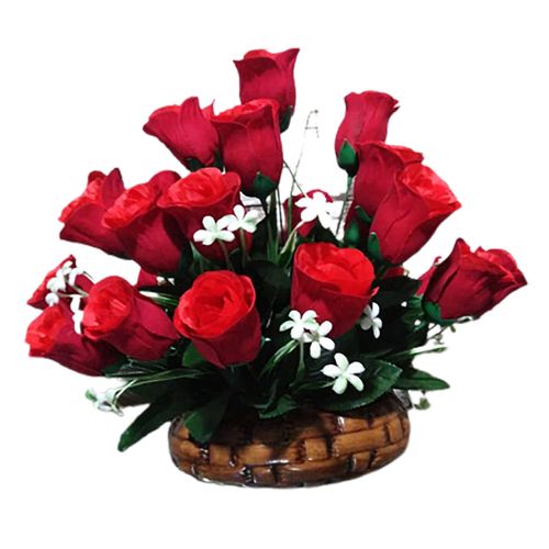 Arreglo floral Adorno Flores Artificiales en base Cerámica con Rosas Rojas Aterciopeladas