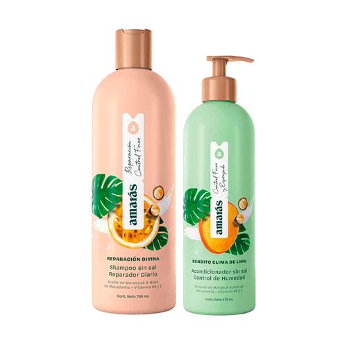 Pack AMARÁS Shampoo Reparación Divina Frasco 700ml + Acondicionador Bendito Clima de Lima Frasco 475ml