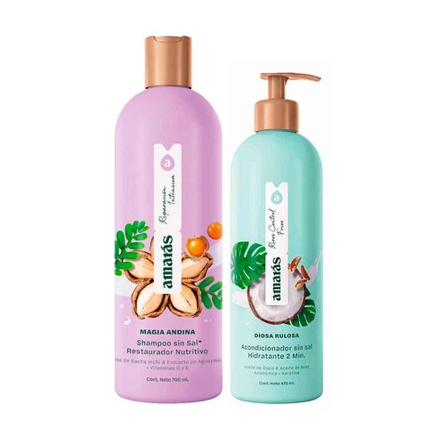 Pack AMARÁS Shampoo Magia Andina Restaurador Frasco 700ml + Acondicionador Diosa Rulosa Frasco 475ml