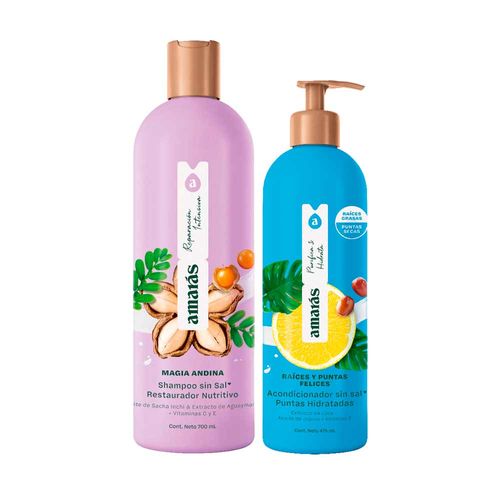 Pack AMARÁS Shampoo Magia Andina Restaurador Frasco 700ml + Acondicionador Raíces y Puntas Felices Frasco 475ml