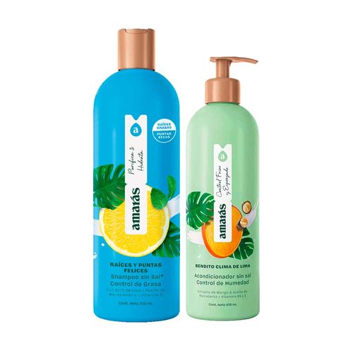 Pack AMARÁS Shampoo Raíces y Puntas Felices Frasco 700ml + Acondicionador Bendito Clima de Lima Frasco 475ml