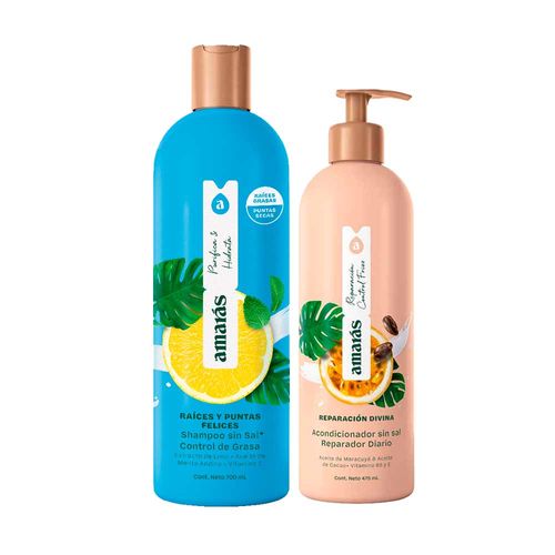 Pack AMARÁS Shampoo Raíces y Puntas Felices Frasco 700ml + Acondicionador Reparación Divina Frasco 475ml