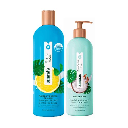 Pack AMARÁS Shampoo Raíces y Puntas Felices Frasco 700ml + Acondicionador Diosa Rulosa Frasco 475ml