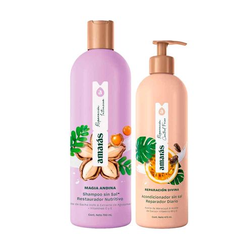 Pack AMARÁS Shampoo Magia Andina Restaurador Frasco 700ml + Acondicionador Reparación Divina Frasco 475ml