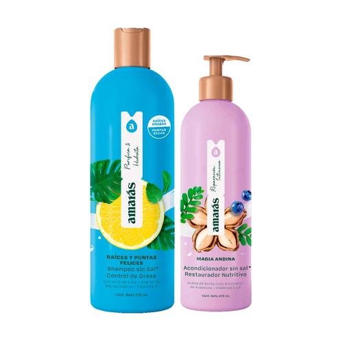 Pack AMARÁS Shampoo Raíces y Puntas Felices Frasco 700ml + Acondicionador Magia Andina Restaurador Botella 475ml