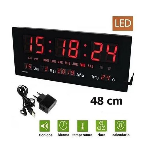 Reloj de pared Digital GRANDE LED tiempo calendario temperatura humedad 48 cm largo