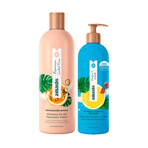 Pack AMARÁS Shampoo Reparación Divina Frasco 700ml + Acondicionador Raíces y Puntas Felices Frasco 475ml