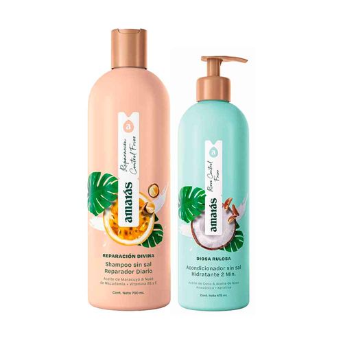 Pack AMARÁS Shampoo Reparación Divina Frasco 700ml + Acondicionador Diosa Rulosa Frasco 475ml