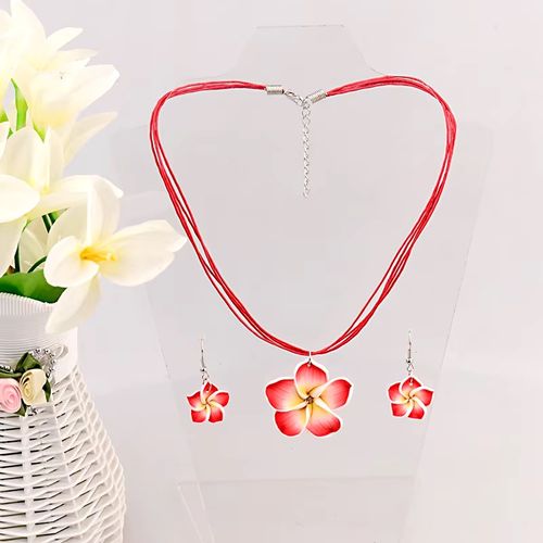 Set collar y aretes flores rojas