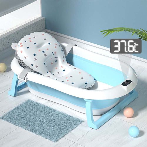 BAÑERA PARA BEBE PLEGABLE CON TERMOMETRO Y COJIN PREMIUM - CELESTE