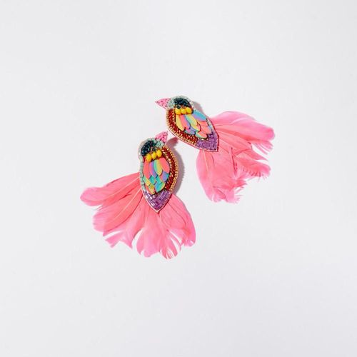 Aretes Loro Plumas Sfera Mujer Multicolor