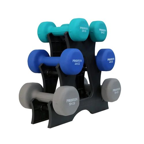 Set de mancuernas de neopreno PROIRON de 3kg 4kg y 5kg + Rack