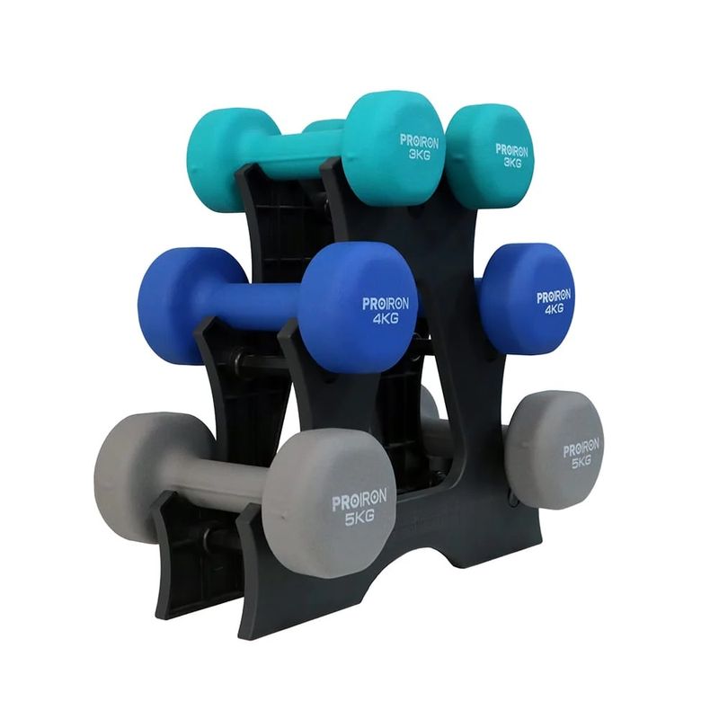 Set-de-mancuernas-de-neopreno-PROIRON-de-3kg-4kg-y-5kg---Rack