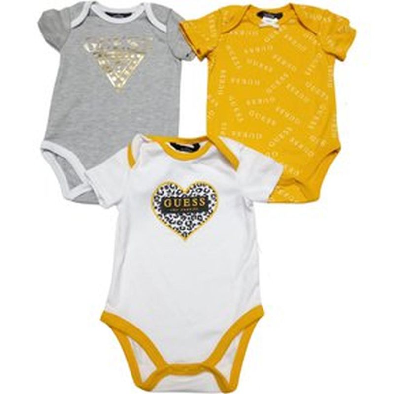 Pack-de-3-piezas-de-Bodysuit-o-Bebecrece-Guess-para-Niña--Amarillo-y-Plomo---6-9-Meses