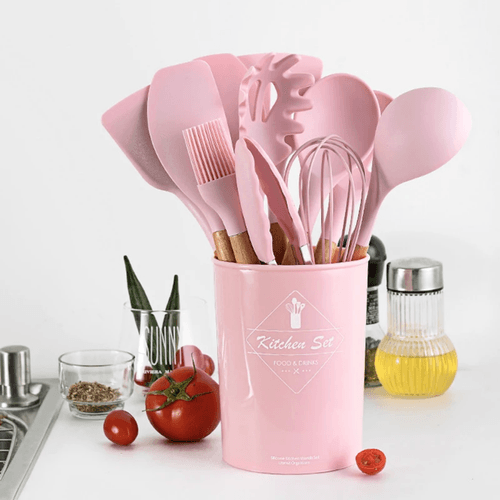 Set de Utensilios para Cocinas de Silicona Multifuncional por 12 pzas Color Rosado - copy