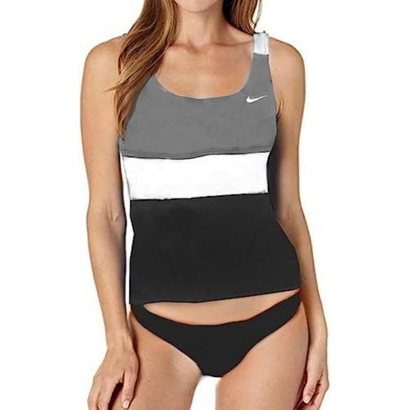 Ropa-de-Baño-Tankini-Nike-para-Mujer-2-piezas-Colorblock-Gris-Negro-Talla-M