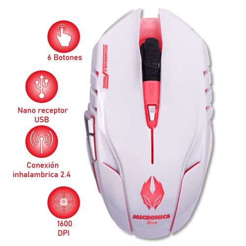 Mouse Gamer Recargable Inalámbrico Alien Blanco