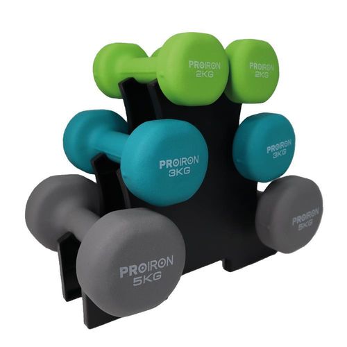 Set de mancuernas de neopreno PROIRON de 2kg 3kg y 5kg + Rack