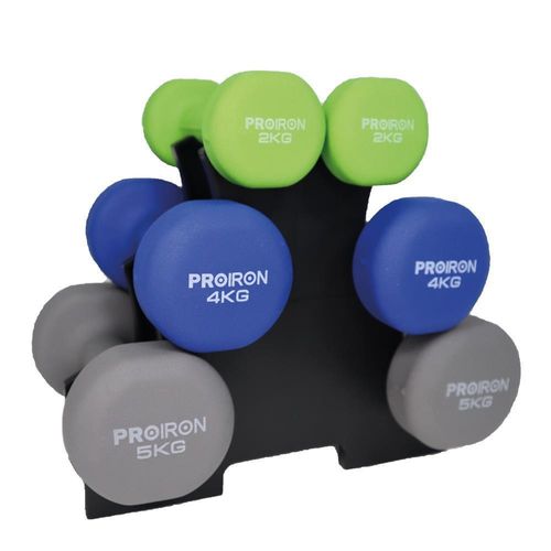 Set de mancuernas de neopreno PROIRON de 2kg 4kg y 5kg +  Rack