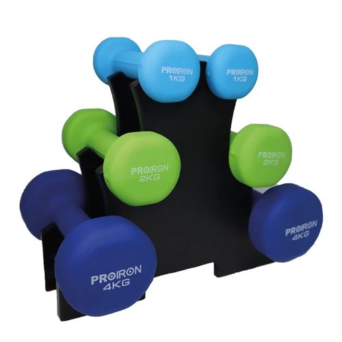 Set de mancuernas de neopreno PROIRON de 1kg celeste 2kg y 4kg + Rack